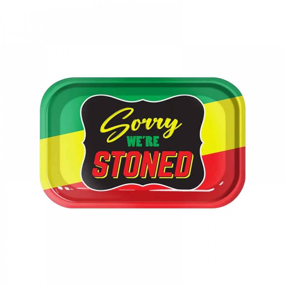 Sorry We're Stoned Rasta Metal Rolling Tray - 27.5x17.5cm
